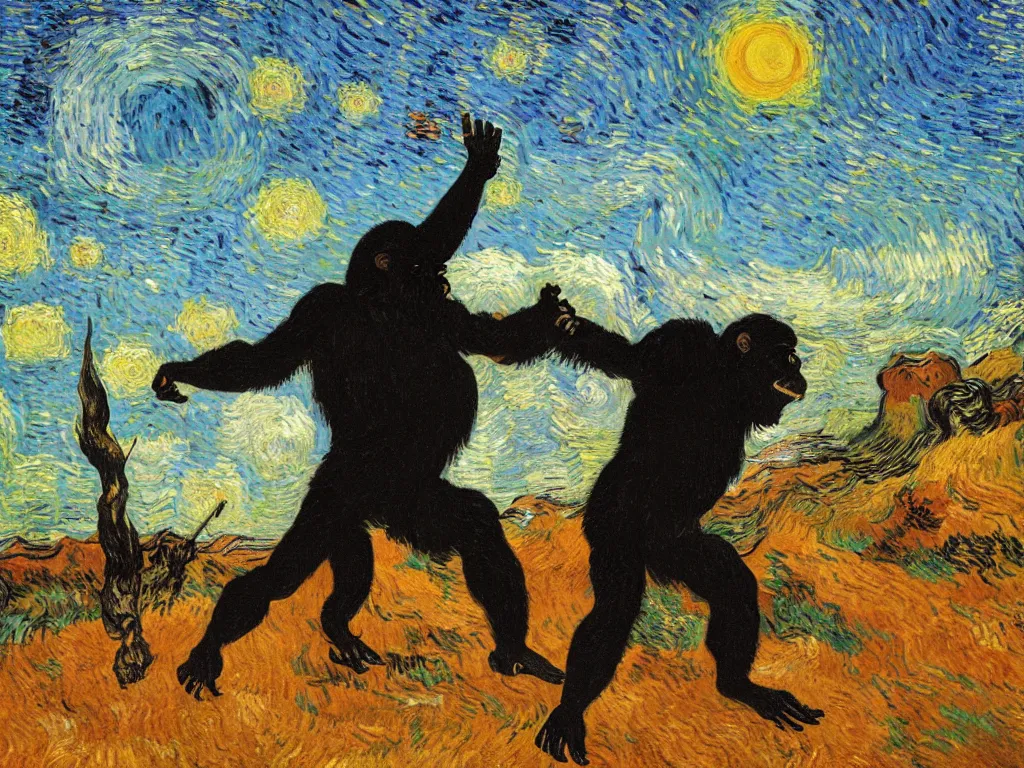 Prompt: bright beautiful oil painting of a primitive ape throws a bone at a giant black monolith at sunrise, light scatter, van gogh