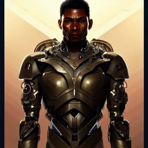 Image similar to ultra realistic illustration, a african american male cyborg soldier, intricate, elegant, highly detailed, digital painting, artstation, concept art, smooth, sharp focus, illustration, art by artgerm and greg rutkowski and alphonse mucha