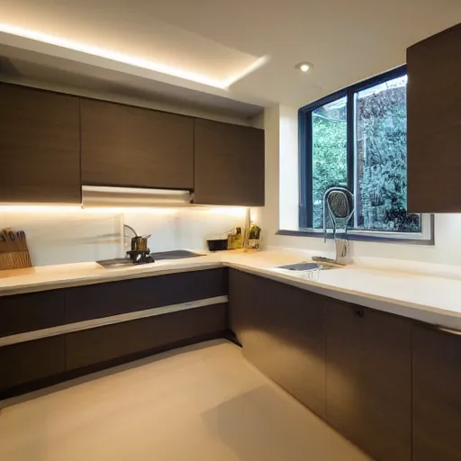 Prompt: Photograph of organic modern style kitchen with led strip lighting, better homes and gardens, 4K, very detailed