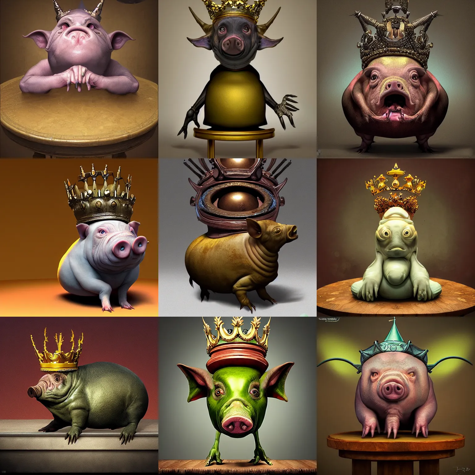 Prompt: an alien pig with a crown sitting on top of a table, a character portrait by vladimir kush, zbrush central contest winner, fantasy art, zbrush, dystopian art, rococo