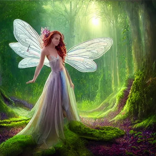 Image similar to epic oil painting of a beautiful fairy with a beautiful face and flawless skin wearing a gauze dress, landing on a mushroom in the forest, moss, fog