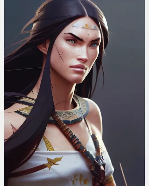 Image similar to azctec warrior, megan fox, detailed perfect face, exquisite details, fire magic, mid view, design on a white background, by studio muti, greg rutkowski makoto shinkai takashi takeuchi studio ghibli