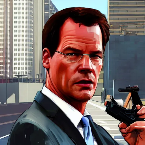 Image similar to Mark Rutte in GTA V, cover art by Stephen Bliss, artstation, no text