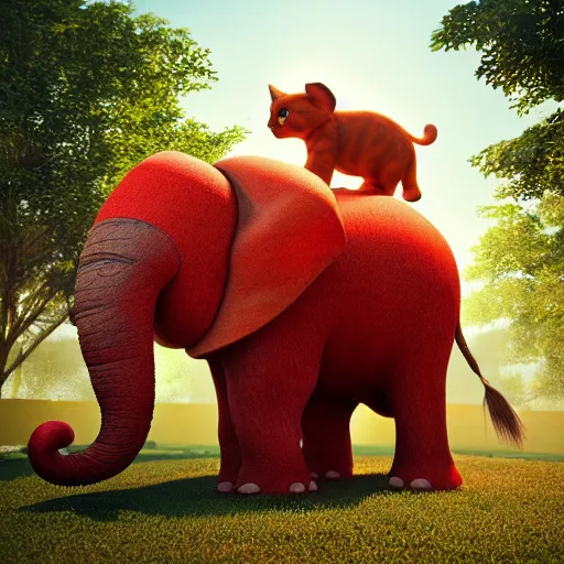 Prompt: a hyperrealistic photograph 3D octane render of a small red cat riding on a huge elephant in the park on a sunny day, trending on artstation, 4K, dramatic lighting, glowing, volumetric lighting, ray tracing, unreal engine