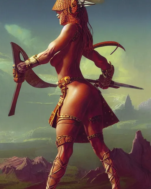 Prompt: a portrait of a shapely female warrior by boris valejo and Thomas Cole and Wayne Barlowe