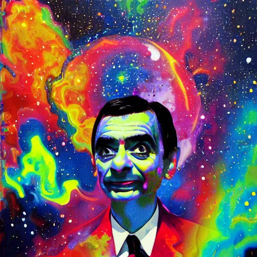 Prompt: psychedelic painting of mr bean floating in space