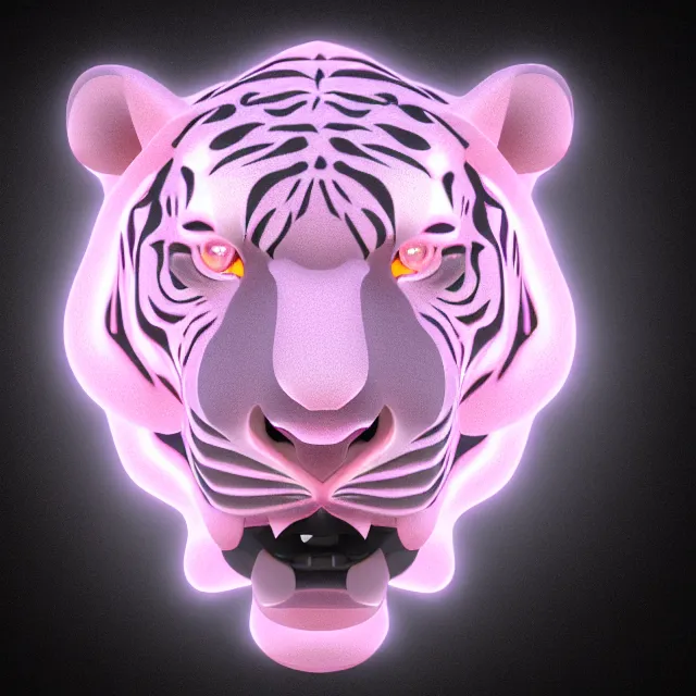 Image similar to 4 k 3 d render of a gigantic tiger head made of crystaline rose quartz, symetrical features.