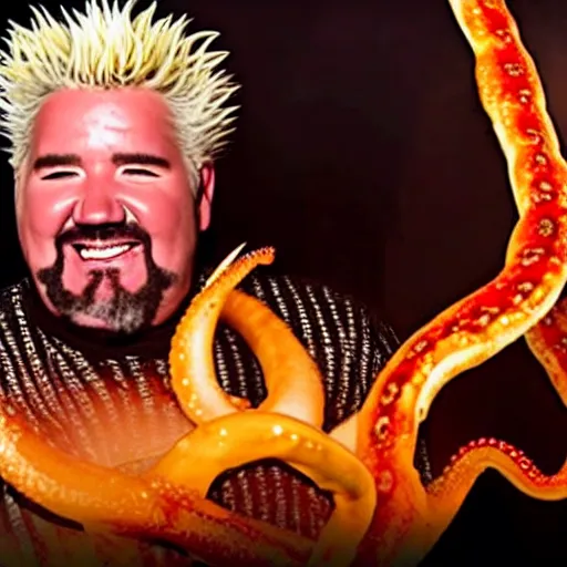 Image similar to guy fieri, turning into an eldritch horror with tentacles, bathing in a giant pan filled with boiling oil, film still from the movie directed by denis villeneuve with art direction by salvador dali