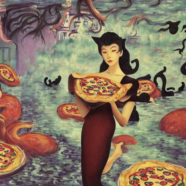 Image similar to tall female catgirl artist holding pizza in her flooded apartment, pomegranates, octopus, water gushing from ceiling, painting of flood waters inside an artist's apartment, a river flooding indoors, mushrooms, ikebana, zen, rapids, waterfall, black swans, canoe, berries, acrylic on canvas, surrealist, by magritte and monet