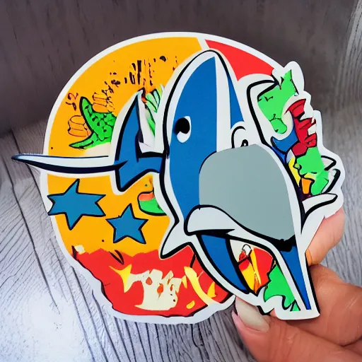 Prompt: die cut sticker of cartoon friendly shark