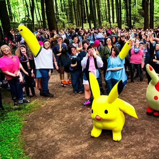 Image similar to photograph of a group of people worshipping a giant pikachu in a forest