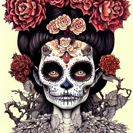 Image similar to beautiful portrait painted in jacek yerka and aykut aydogdu style drawn by vania zouravliov and takato yamamoto, inspired by dia de los muertos, intricate acrylic gouache painting, high detail, sharp high detail, artstation, manga and anime