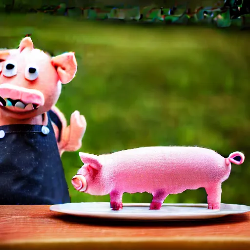 Image similar to landscape studio photograph of a pig cooking dinner depicted as a muppet