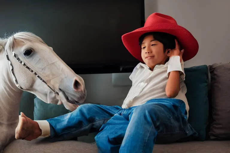 Image similar to a kid with horse head using shirt and pants and a hat while its watching tv
