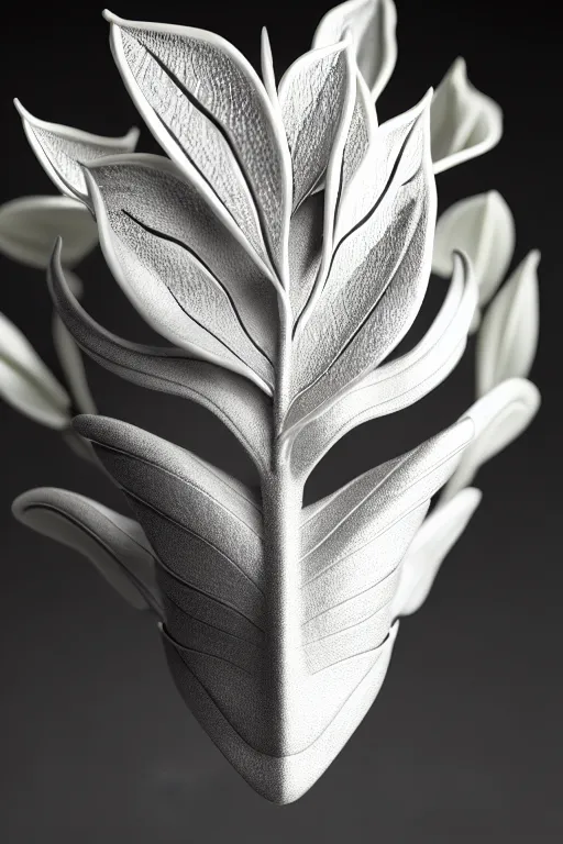 Image similar to monochrome close - up profile face, black background, beautiful young porcelain bio - mechanical vegetal - dragon - cyborg - female, white metallic armour, silver gold details, magnolia leaves and stems, roots, mandelbot fractal, 1 5 0 mm, beautiful natural soft rim light, elegant, hyper real, ultra detailed, octane render, 1 6 k