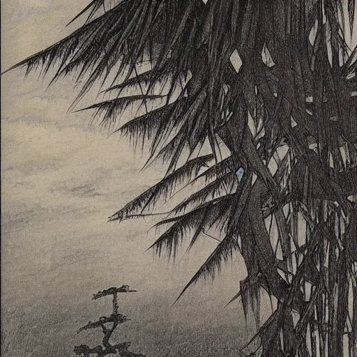 Prompt: photorealistic creepy demonic building disk osprey creek spice bamboo tree , by Katsushika Hokusai and George Inness and Paul Cezanne , 20 megapixels , storybook illustration , charcoal drawing