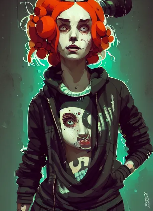 Image similar to highly detailed portrait of a sewer punk lady, tartan hoody, ringlet hair by atey ghailan, by greg rutkowski, by greg tocchini, by james gilleard, by joe fenton, by kaethe butcher, gradient orange, black, cream and white color scheme, grunge aesthetic!!! ( ( graffiti tag wall background ) )