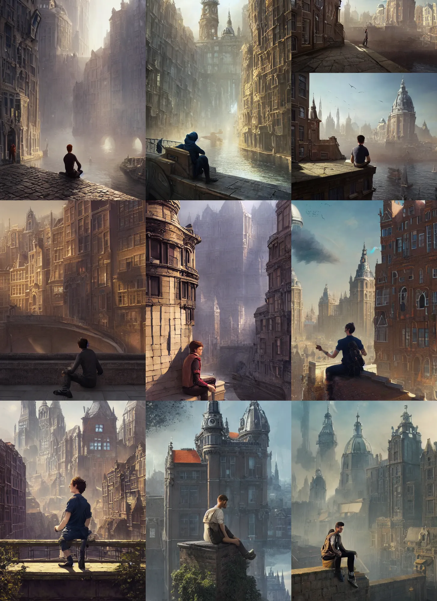 Prompt: a young man sitting on the edge of a beautiful sci fi walled city inspired by amsterdam and victorian england, sunny weather, digital painting, concept art, trending on artstation, matte painting, highly detailed, intricate, art by greg rutkowski and artgerm and craig mullins, octane render, 8 k, unreal engine