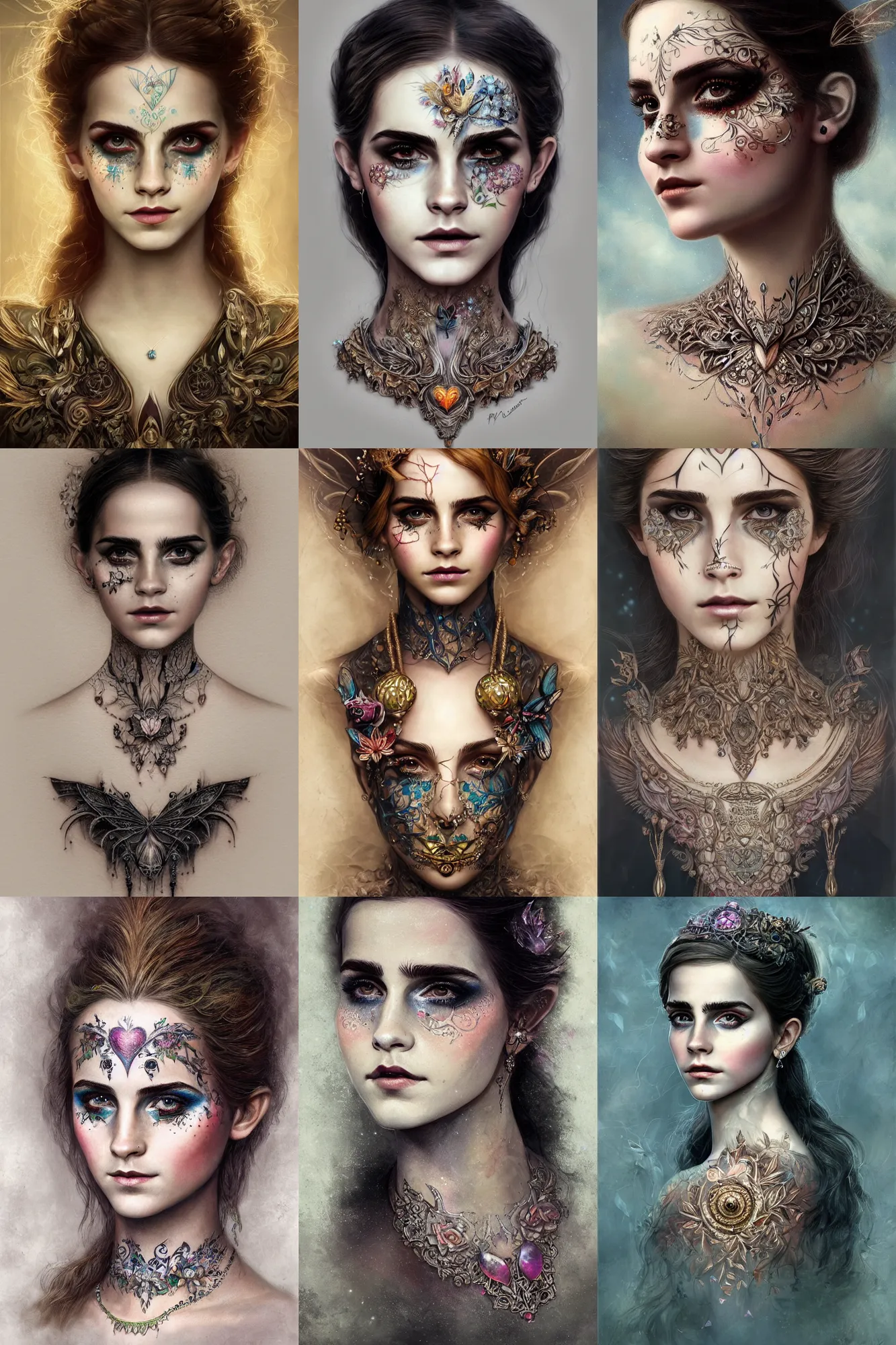 Prompt: portrait of fairy, symmetric, facepaint facepaint facepaint, intricate jewelry, neck pendant, trending on artstation 4 k, high quality, in the style of karol bak and tom bagshaw, bust with face of emma watson, tattoos