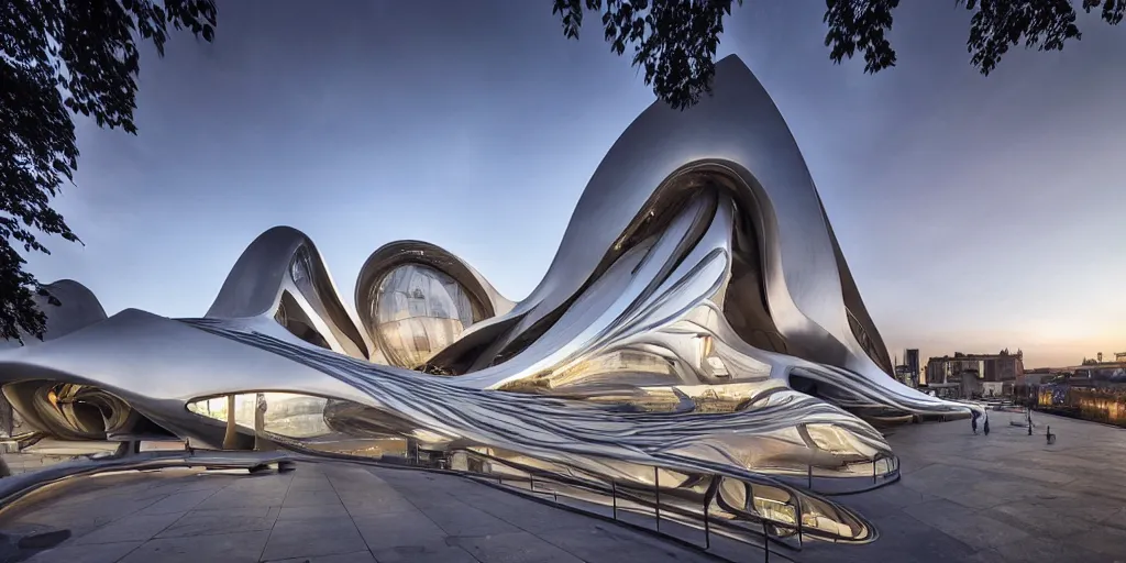Image similar to extremely detailed ornate stunning sophisticated beautiful elegant futuristic museum exterior by Zaha Hadid, Milan buildings in the background, smooth curvilinear design, stunning volumetric light, stainless steal, concrete, translucent material, beautiful sunset, tail lights