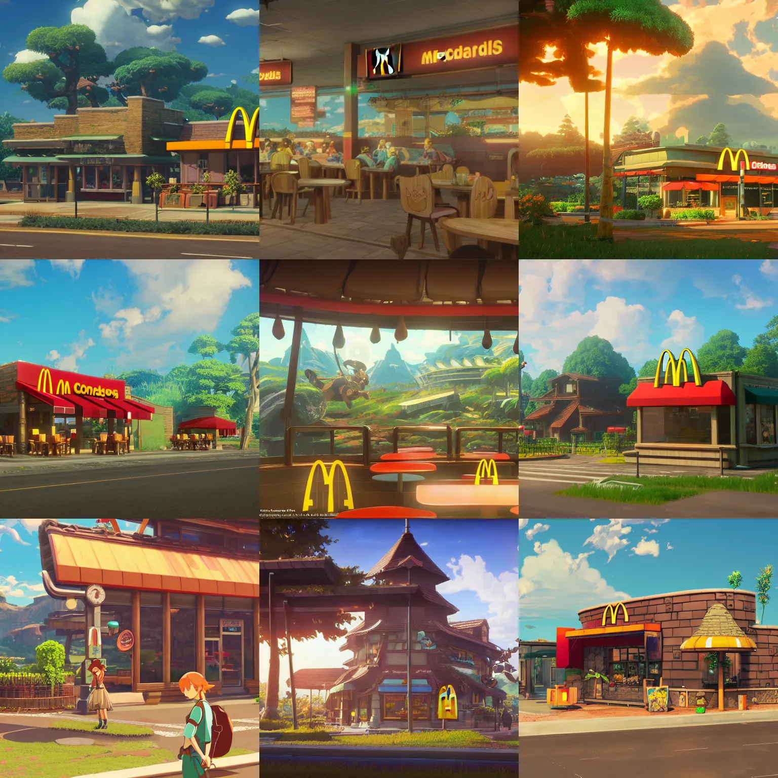 Prompt: McDonalds restaurant, by Miyazaki Nausicaa Ghibli, breath of the wild style, epic composition Trending on Artstation, octane render, Insanely Detailed, 8k, HD