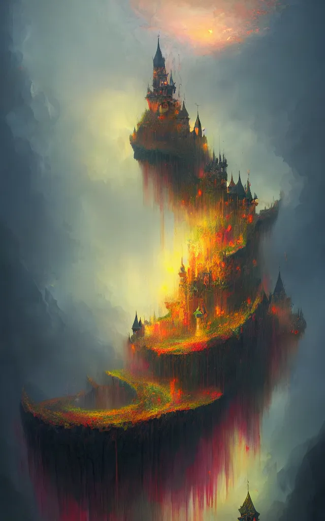 Image similar to a beautiful dark vintage abstract castle by Raja Ravi Varma and Gediminas Pranckevicius, trending on ArtStation, by Sam Spratt, explosion of colors, white spirit