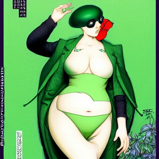 Image similar to fat pigeon in a green body suit, by Range Murata and Mucha