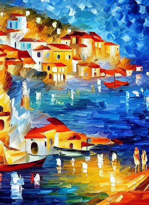 Image similar to beautiful seaside greek village in the style of leonid afremov