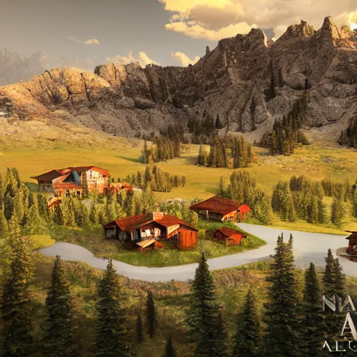 Image similar to montana alpine landscape with modern style mansions scattered on the mountainsides, photo realism, dramatic lighting, from a dream, high quality digital art, unreal engine