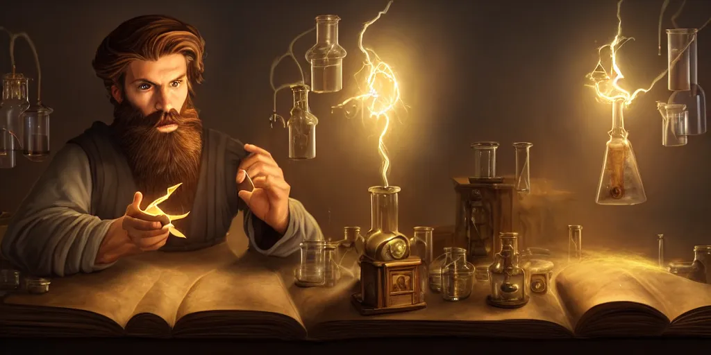 Image similar to a handsome bearded caucasian male sorcerer with brown hair he is casting a spell from a open book on the table, he is in a alchemist lab filled with beakers and equipment, neutral pose, epic composition, 4 k, light rays, super coherent, by dave melvin 1. 0 | dan luvisi 2. 0 | greg rutkowski 0. 5