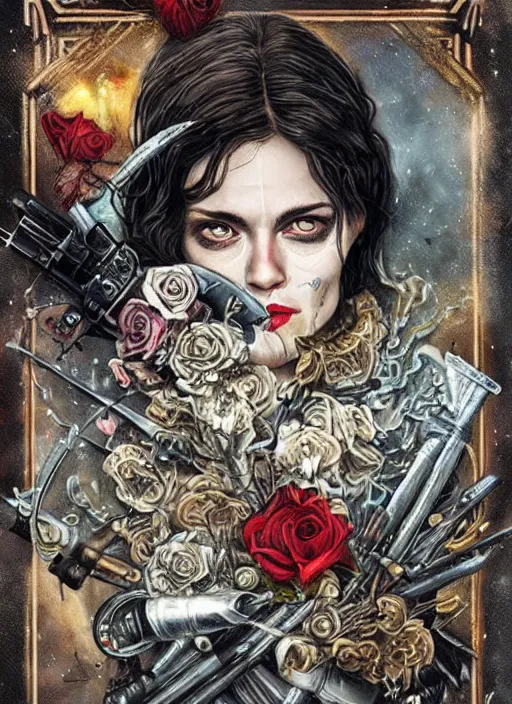 Image similar to tarot card :: horror :: hearts and roses :: aliens and sea :: cigarettes and smoke :: gold and silver :: guns and swords :: highly details :: intricate details :: Sandra Chevrier and bastien lecouffe deharme