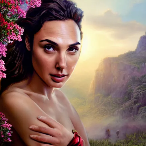 Image similar to Portrait of the beautiful woman Gal Gadot, she is posing, she has a crown of flowers, she is sitting on a rock in an ancient forest, there is fog, she is getting ulluminated by the rays of the sunset, the photo was taking by Steve McCurry, matte painting, oil painting, naturalism, 4k, 8k