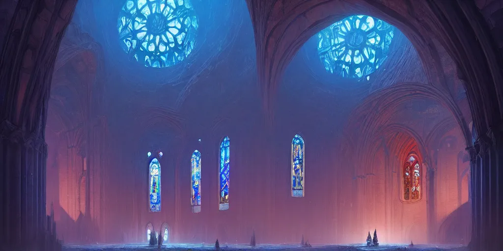 Prompt: giant cathedral made of blue stone and colorful rose window in the middle of abyss. in style of greg rutkowski and hyung - tae kim, trending on artstation, dark fantasy, great composition, concept art, highly detailed, dynamic pose, vibrant colours, epic, 8 k.