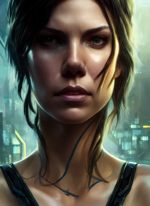 Prompt: lauren cohan with cyberpunk implants,, incredibly detailed face, pretty face, light dress, deep focus, fantasy, intricate, elegant, digital painting, artstation, concept art, matte, sharp focus, true anatomy, art by artgerm and greg rutkowski and alphonse mucha