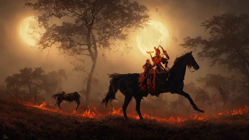 Image similar to a colonial rider!!!! with jack - o - lantern head on lone rampant!!! ( ( black horse ) ) with fiery eyes, background gnarled trees and large supermoon, in the styles of greg rutkowski, keith parkinson, and john quidor, intricate, detailed, volumetric lighting