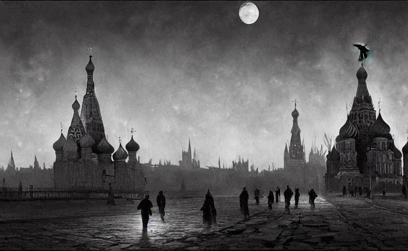 Image similar to a picture in high contrast by vasily vereshchagin of burning!!! st. basil's cathedral ( in smoke ) and ashes by the village, full moon in clouds!, visual art, 8 k resolution, 3 d modelling, hard lighting, masterpiece, vray