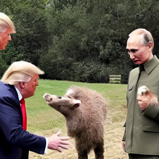 Image similar to donald trump and vladimir putin at animal farm petting animals