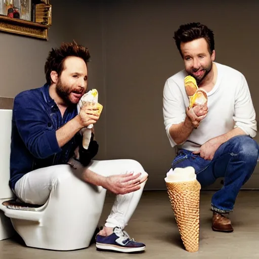 Image similar to Charlie Day and Rob McElhenney, kneeling down eating ice cream out of a white toilet bowl together, norman Rockwell