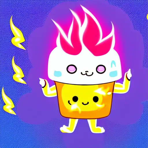 Image similar to kawaii wacky fluffy popcorn with lightning bolt power, yokai, in the style of a manga character, with a smiling face and flames for hair, sitting on a lotus flower, white background, simple, clean composition, symmetrical