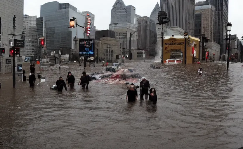 Image similar to the city of philadelphia flooded by 1 0 feet of water and under attack by demons from the pits of hell