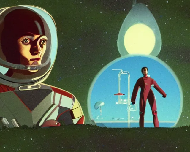 Image similar to a portrait of Alain Delon pilot in spacesuit posing on field forrest spaceship station landing laying lake artillery outer worlds shadows in FANTASTIC PLANET La planète sauvage animation by René Laloux