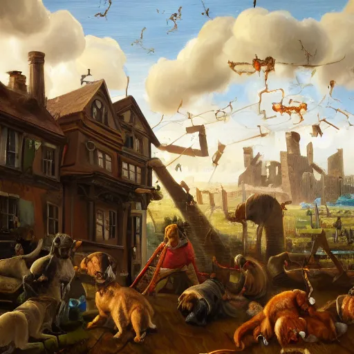 Image similar to a highly detailed oil painting of a giant dog smashing houses, dog, canine, renaissance, bystanders watching from the sides, 4 k, by ariduka 5 5, monokubo, artstation,