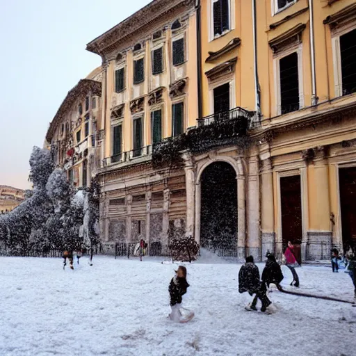 Image similar to The city of Rome under the snow on August. It's snowing everywhere on the entire cityscape of Rome under a blue sky and a very hot sun. It's crazy hot with red flames everywhere but also very big snowflakes. People wear swimsuits and are very puzzled.