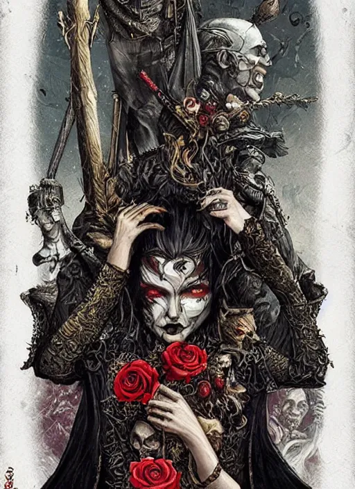 Prompt: tarot card :: horror :: vampires and draculas :: cult and clan :: hearts and roses :: gold and silver :: guns and swords :: highly details :: intricate details :: Sandra Chevrier and bastien lecouffe deharme
