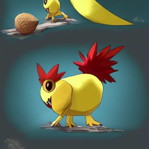 Prompt: A pokemon that looks like a coconut, which splits in half into wings,The rooster hides inside and sticks his head out to peek，Trending on art station. Unreal engine.