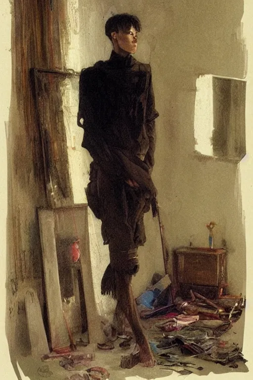 Image similar to a skinny goth guy standing in a cluttered 9 0 s bedroom, full body character concept art, vaporwave colors, jules bastien - lepage art,