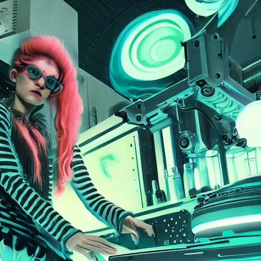 Prompt: [ grimes as a scientist ]! working in a [ futuristic laboratory ]!, digital art!, trending on [ cgsociety ]!, cinematic still, neon! colors, bioluminescent lighting!, award winning, zbrush!, bottom view!