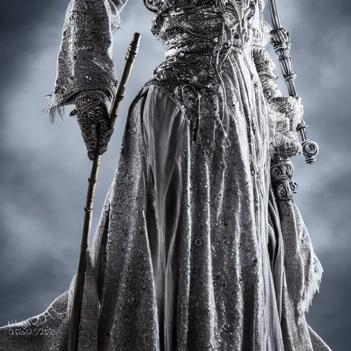 Image similar to photograph of a real-life beautiful lunar witch with intricate silver robes and staff. Extremely detailed. 8k