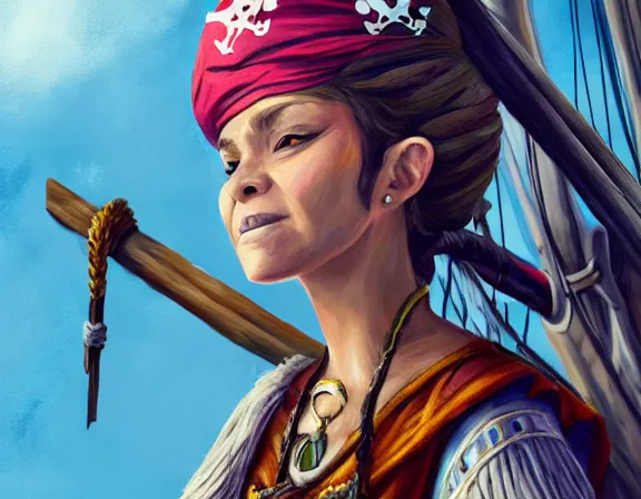 Prompt: painting of an old pirate queen standing on her ship. she is kind, wise, fierce. her swords are at her side. a young girl stands next to her, smiling. lush detail and color. fantasy, anime illustration, intricate, sharp focus, 8 k resolution, frostnine engine