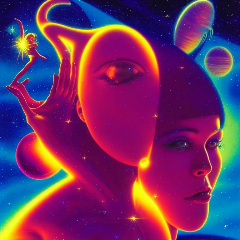 Image similar to cosmic girl, 2 0 yo, medium close - up, bright neon colors, highly detailed, cinematic, panoramic, tim white, michael whelan, roger dean, bob eggleton, philippe druillet, vladimir kush, kubrick, alfred kelsner, boris vallejo